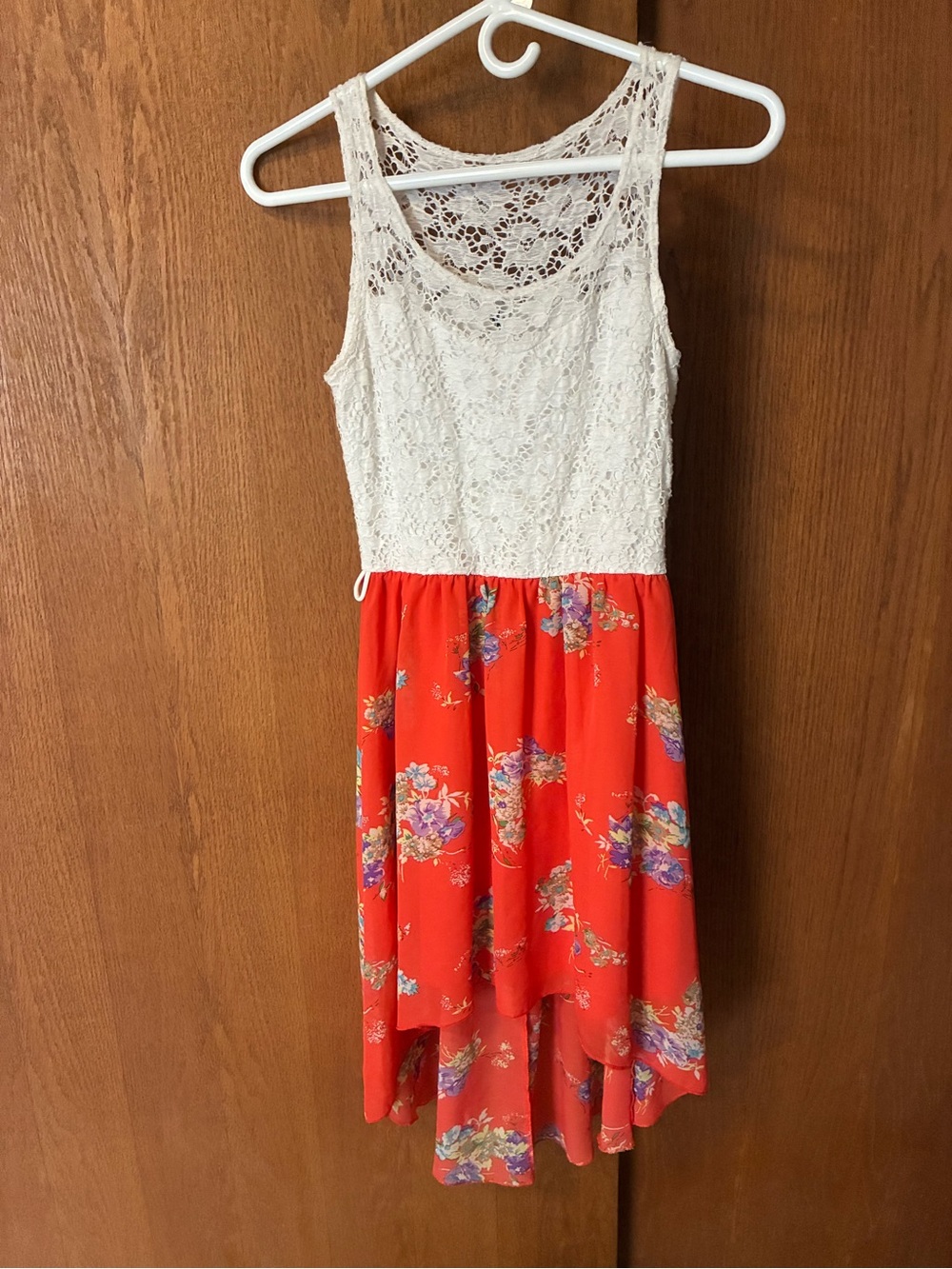 Deb Women’s Cream Lace Top with Red Floral High-Low Skirt Dress